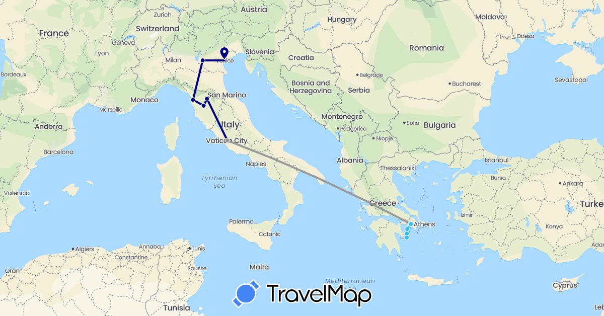 TravelMap itinerary: driving, plane, boat in Greece, Italy (Europe)